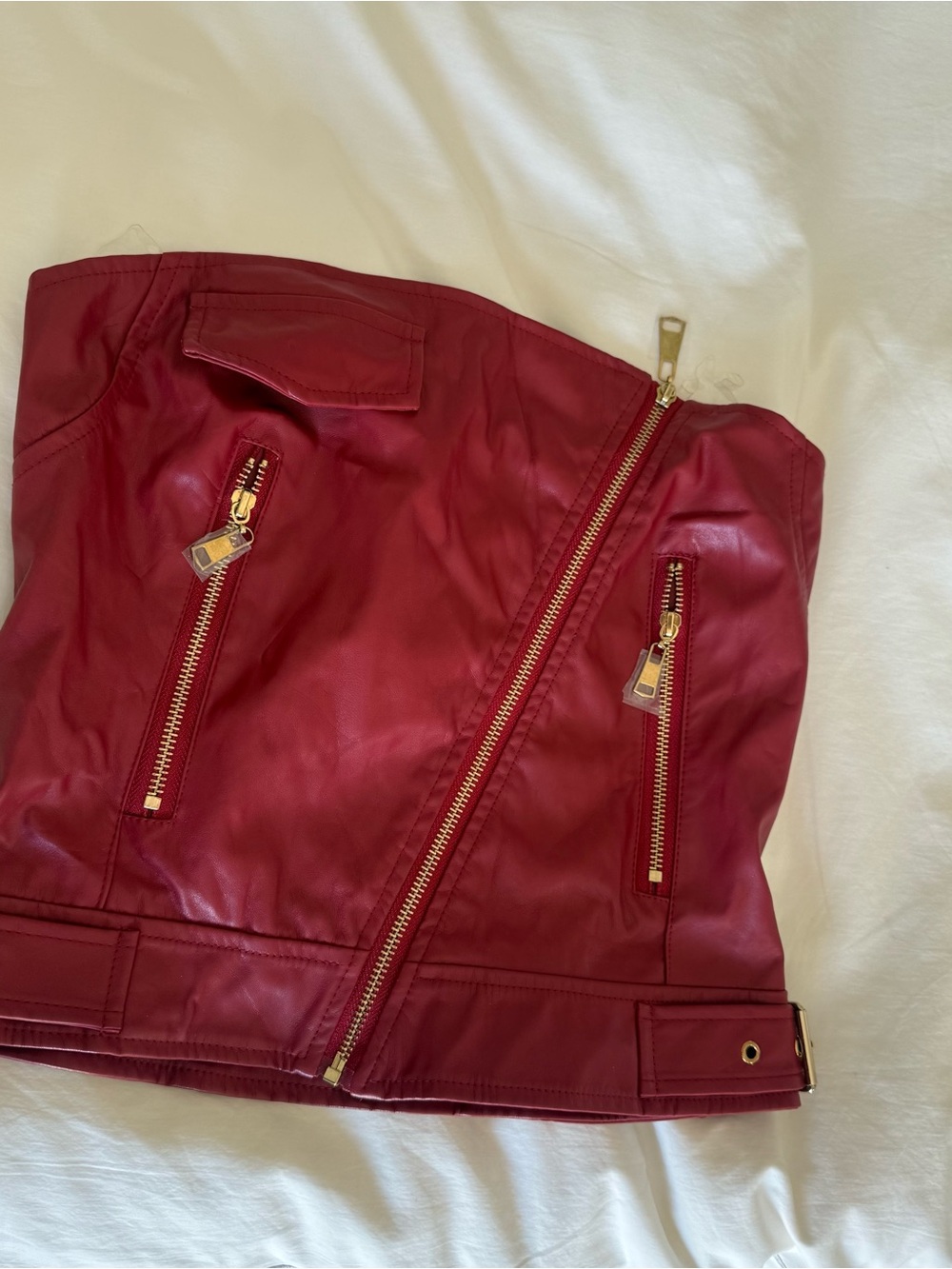 Strapless Red Leather-Look Crop Top with Gold Zippers